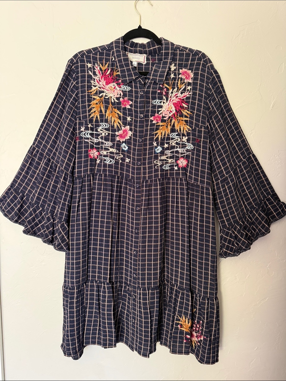 Johnny Was Navy Plaid Midi Dress with Pink & Gold Floral Embroidery